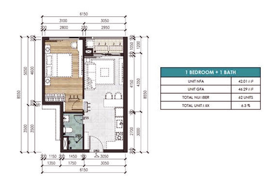 Thiết kế căn 1 ngủ loại A1 chung cư Gamuda Hải Phòng