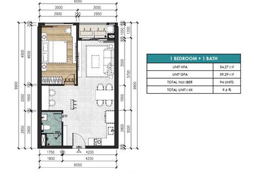 Mẫu thiết kế A2 căn 1 ngủ dự án Gamuda Hải Phòng