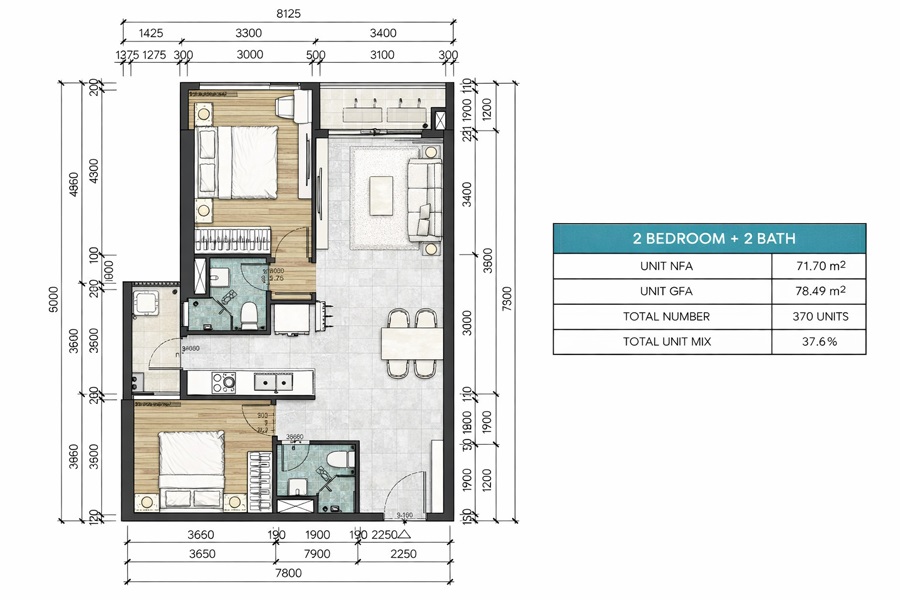 Mẫu thiết kế căn 2 ngủ B2 chung cư Gamuda Hải Phòng
